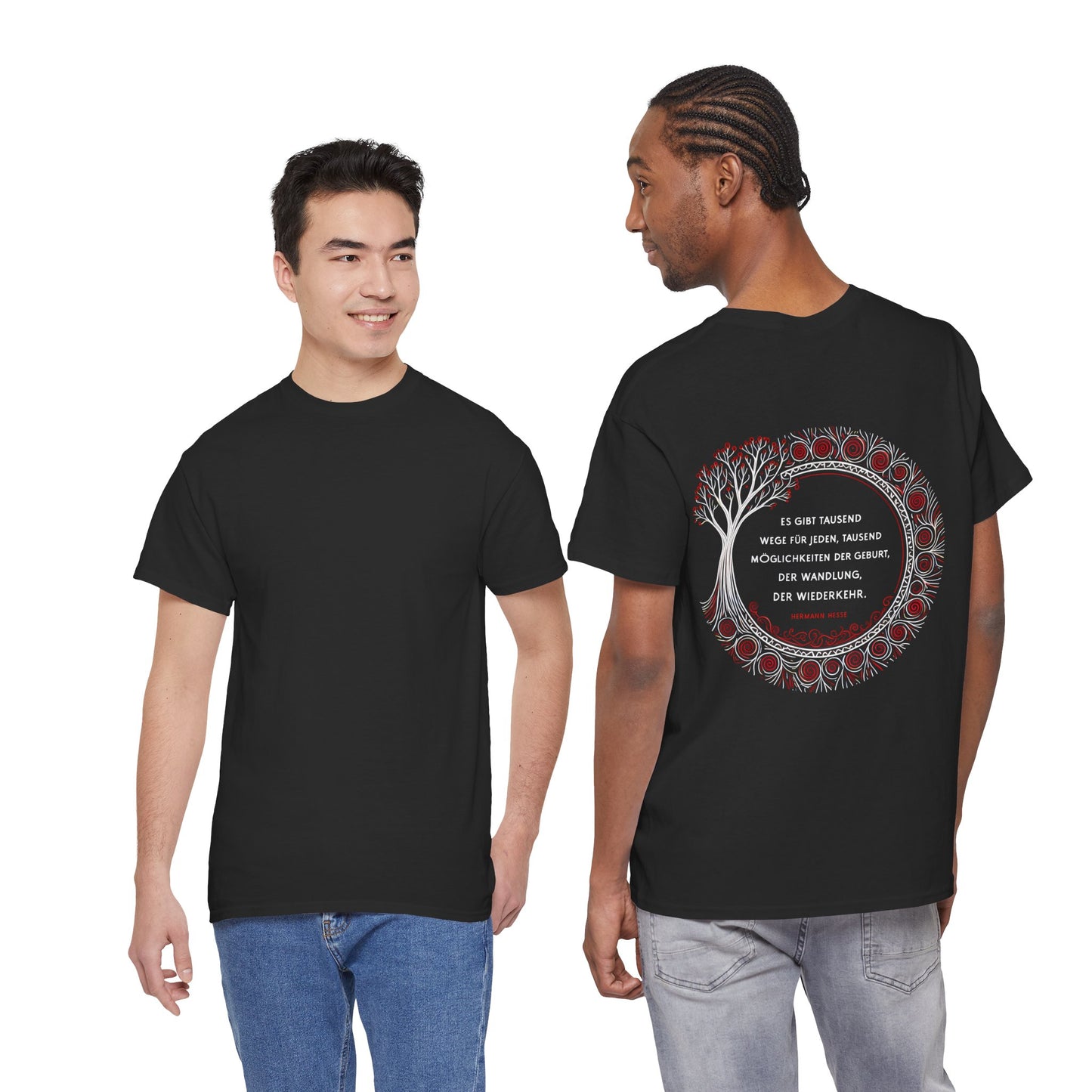 Unisex T-Shirt mit Zitat - Hermann Hesse - Tausend Wege (Druck hinten)