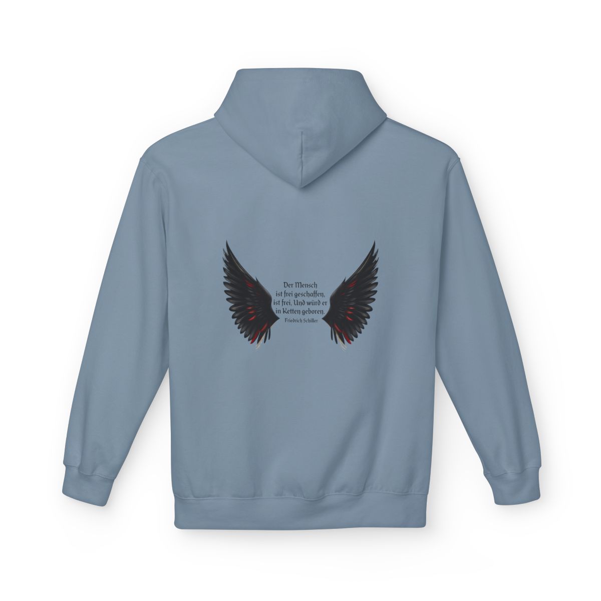 Unisex Fleece Hoodie mit Zitat - Schiller - Der Mensch ist frei – back