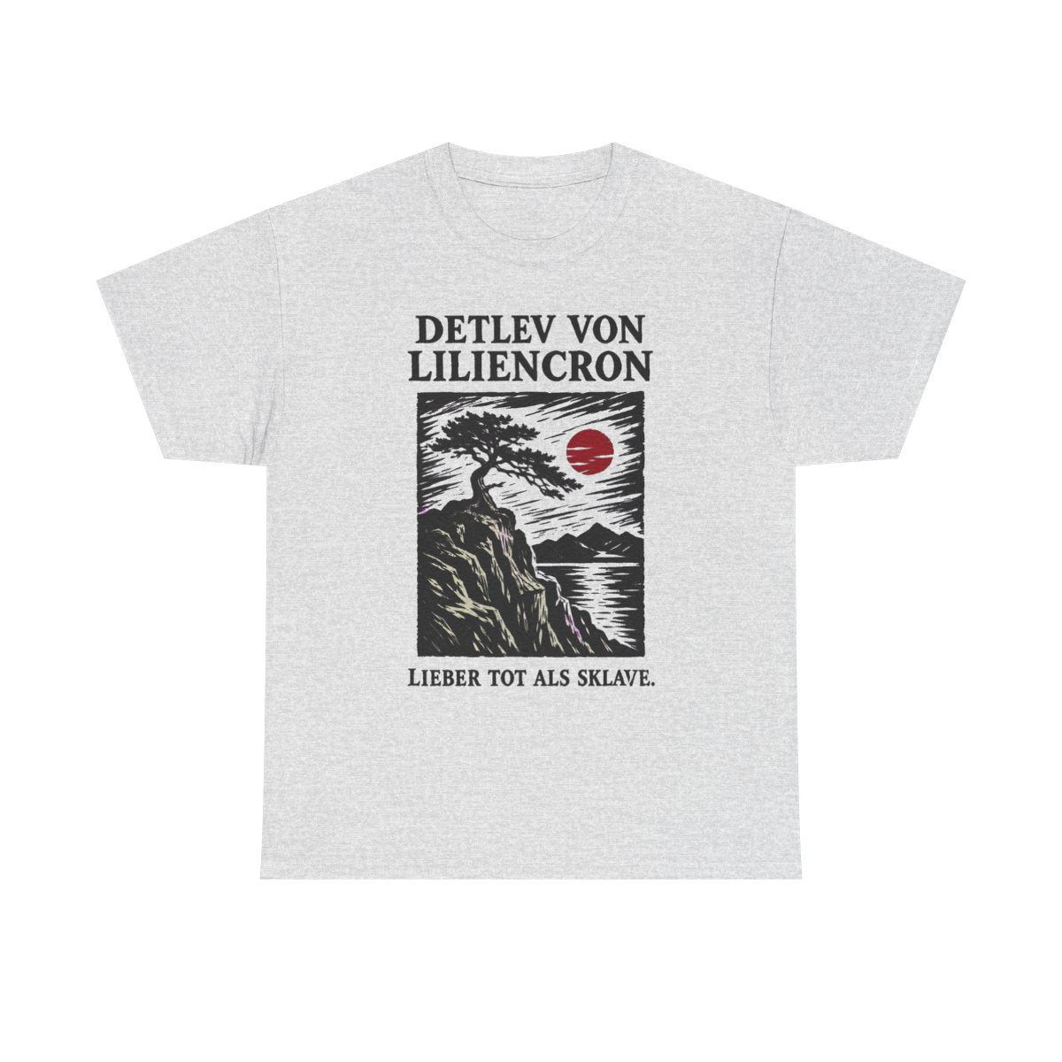 Unisex T-Shirt mit Zitat - Liliencron - Lieber tot als Sklave Holzschnitt – front