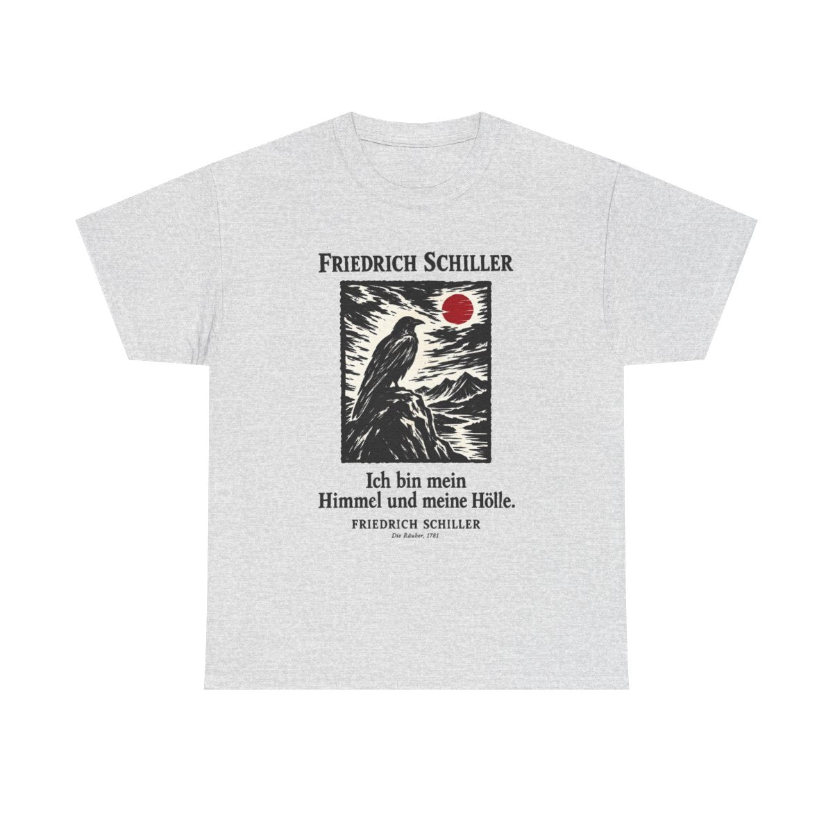 Unisex T-Shirt mit Zitat - Schiller - Ich bin mein Himmel und meine Hölle Holzschnitt – front