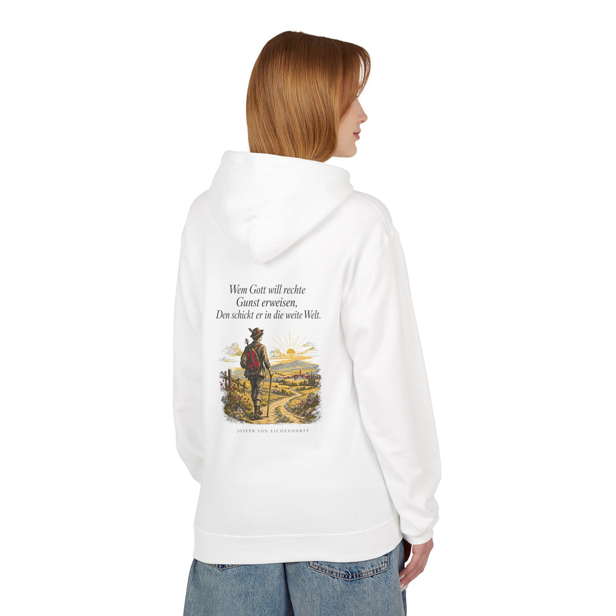 Unisex Fleece Hoodie mit Zitat - Eichendorff - In die weite Welt