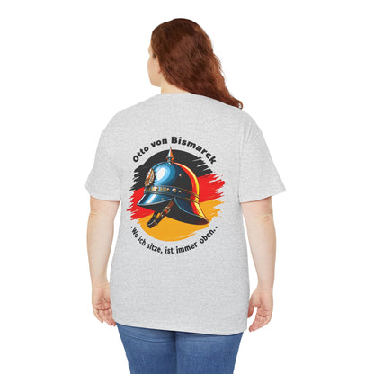 Unisex T-Shirt mit Bismarck Zitat und Pickelhaube - Deutschland (Druck hinten)