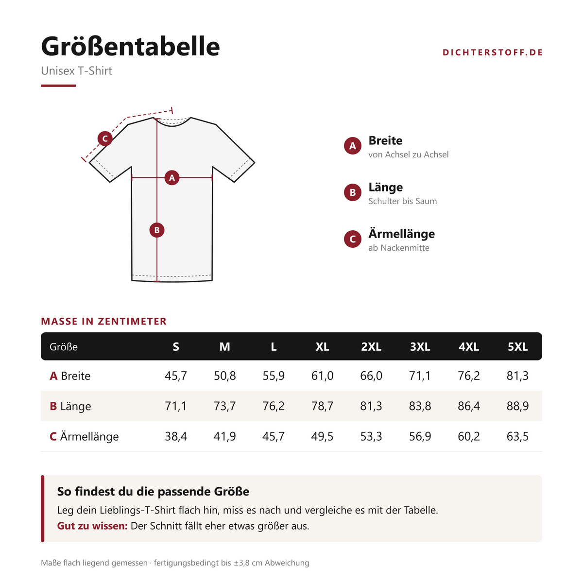 Unisex T-Shirt mit Zitat - Heine - Mein Herz, mein Herz ist traurig Signatur (Druck hinten) – size-chart