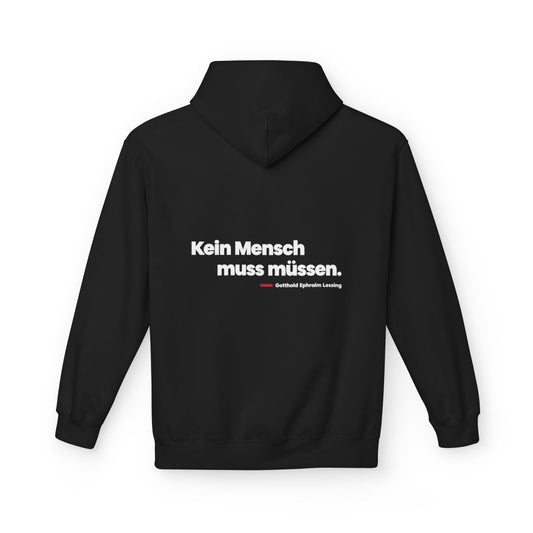 Unisex Fleece Hoodie mit Zitat - Lessing - Kein Mensch muss müssen – back
