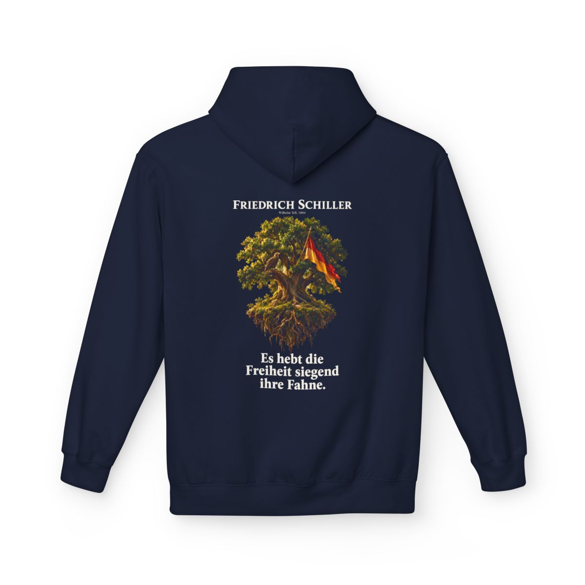 Unisex Fleece Hoodie mit Zitat - Schiller - Es hebt die Freiheit siegend ihre Fahne – back