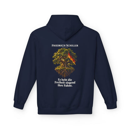Unisex Fleece Hoodie mit Zitat - Schiller - Es hebt die Freiheit siegend ihre Fahne – back