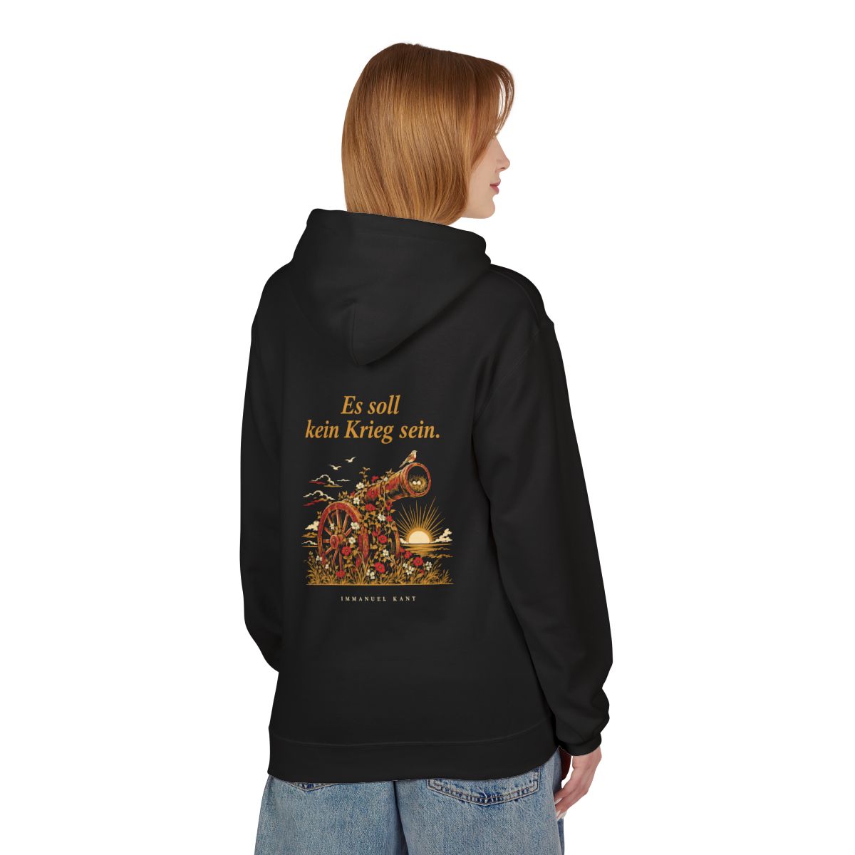 Unisex Fleece Hoodie mit Zitat - Kant - Es soll kein Krieg sein – person-1-back