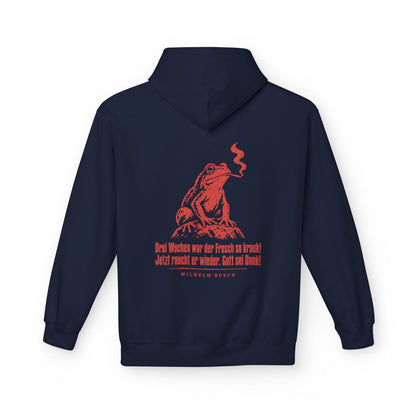 Unisex Fleece Hoodie mit Zitat - Busch - Drei Wochen war der Frosch so krank Vintage – back