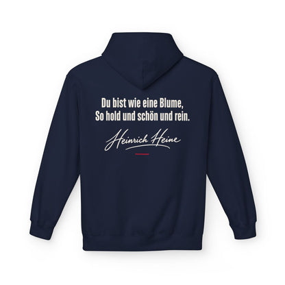 Unisex Fleece Hoodie mit Zitat - Heine - Du bist wie eine Blume Signatur – back
