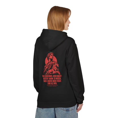 Unisex Fleece Hoodie mit Zitat - Börne - Das Geheimnis jeder Macht besteht Vintage – person-1-back