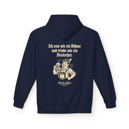 Unisex Fleece Hoodie mit Zitat - Luther - Ich esse wie ein Böhme – back