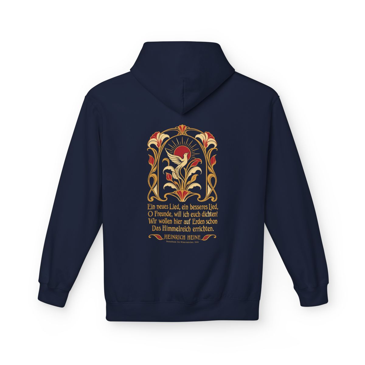 Unisex Fleece Hoodie mit Zitat - Heine - Ein neues Lied, ein besseres Lied Jugendstil – back
