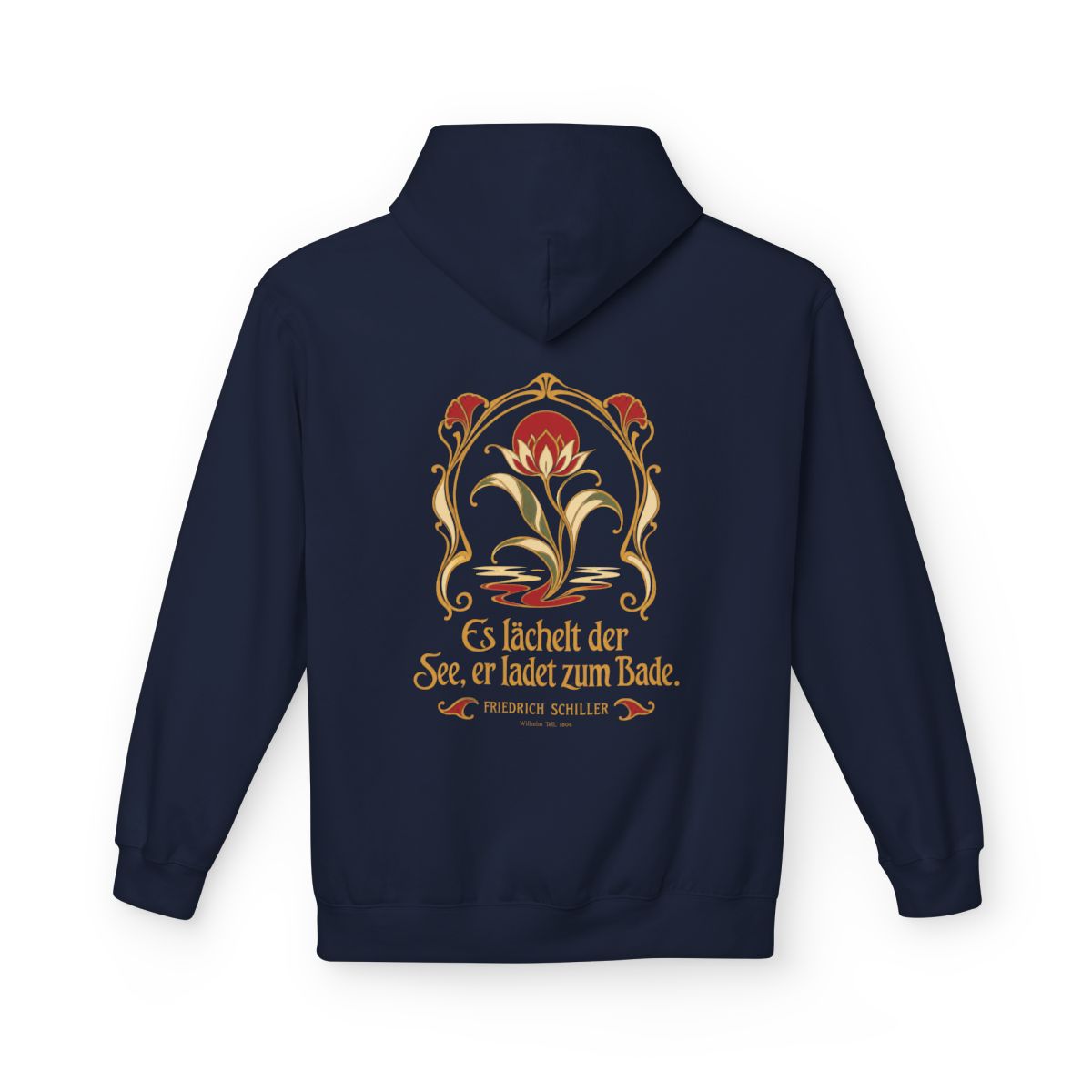 Unisex Fleece Hoodie mit Zitat - Schiller - Es lächelt der See Jugendstil – back