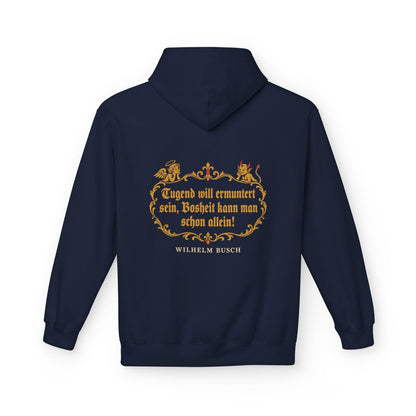 Unisex Fleece Hoodie mit Zitat - Busch - Tugend und Bosheit – back