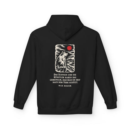 Unisex Fleece Hoodie mit Zitat - Reger - Das Schwein und die Künstler – back