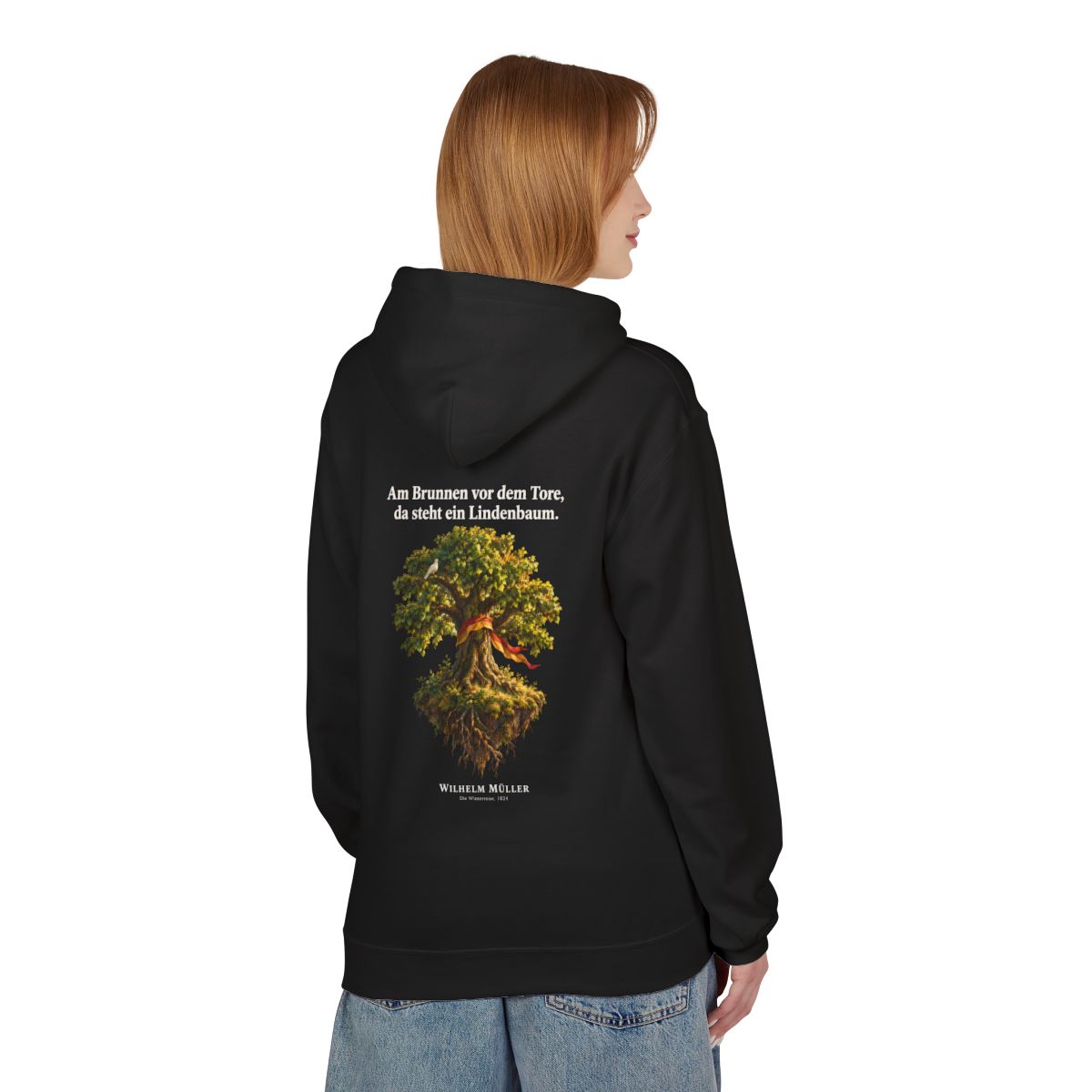 Unisex Fleece Hoodie mit Zitat - Müller - Am Brunnen vor dem Tore – person-1-back