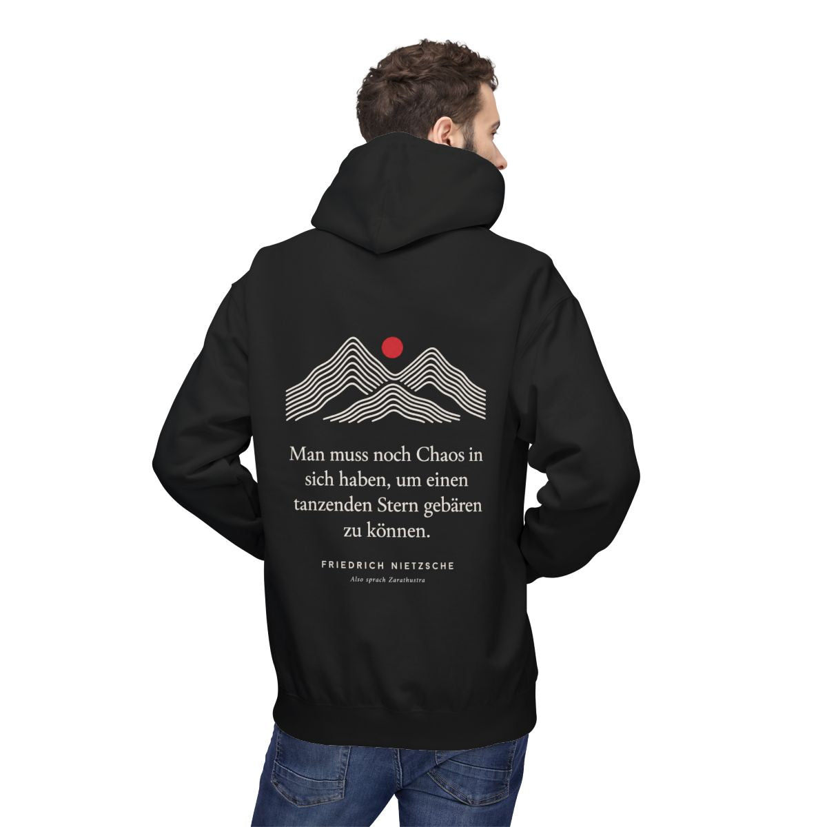 Unisex Fleece Hoodie mit Zitat - Nietzsche - Man muss noch Chaos Linien – person-2-back