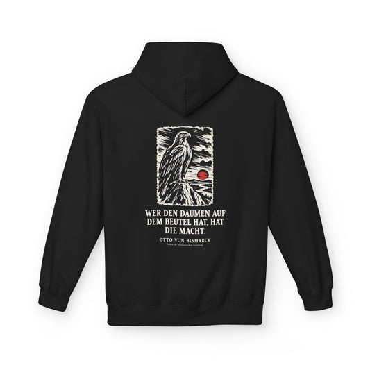 Unisex Fleece Hoodie mit Zitat - Bismarck - Wer den Daumen Holzschnitt – back