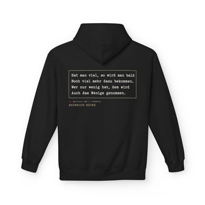 Unisex Fleece Hoodie mit Zitat - Heine - Hat man viel, so wird man bald – back