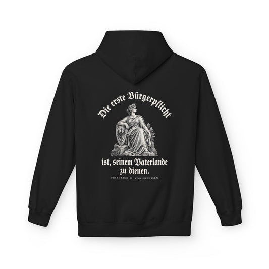 Unisex Fleece Hoodie mit Zitat - Preußen - Die erste Bürgerpflicht Gravur – back