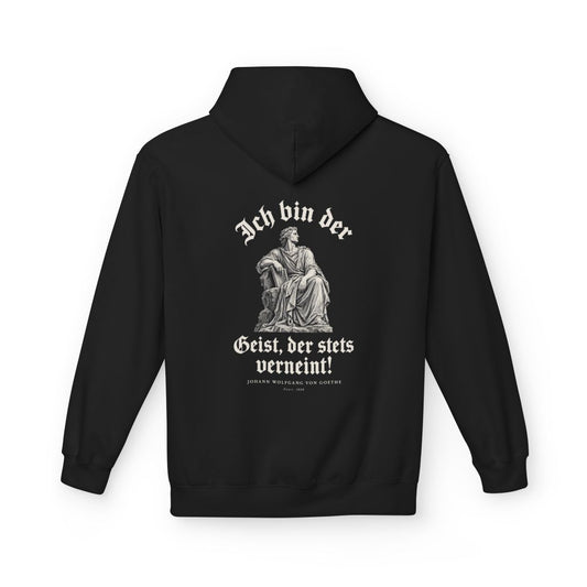 Unisex Fleece Hoodie mit Zitat - Goethe - Ich bin der Geist, der stets verneint Gravur – back