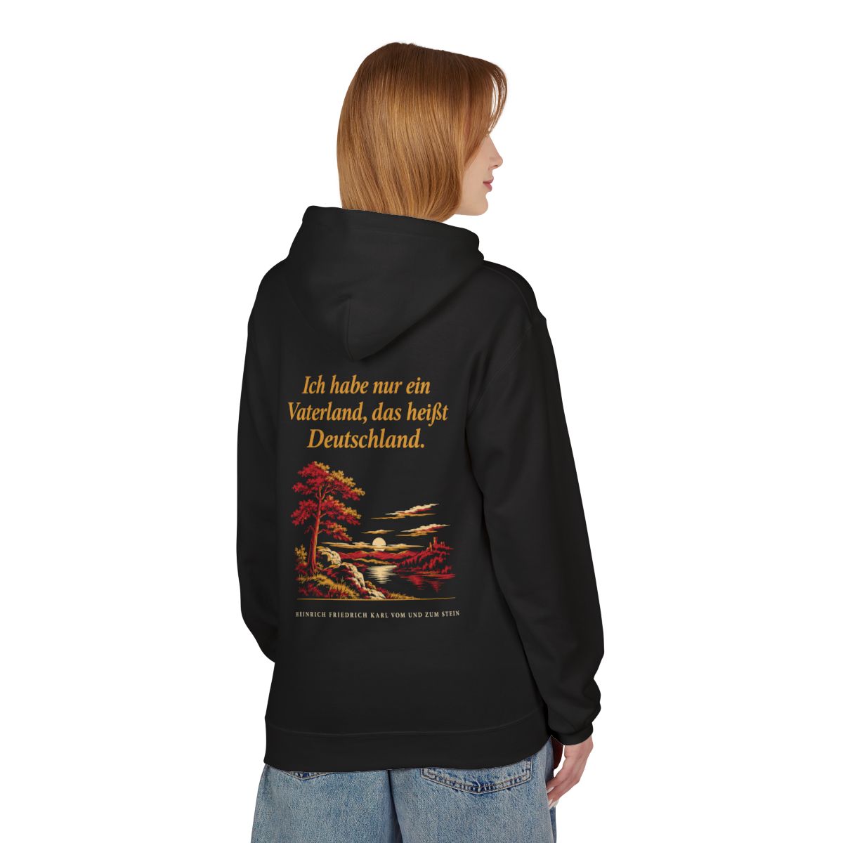 Unisex Fleece Hoodie mit Zitat - Stein - Ich habe nur ein Vaterland Nachtstück – person-1-back