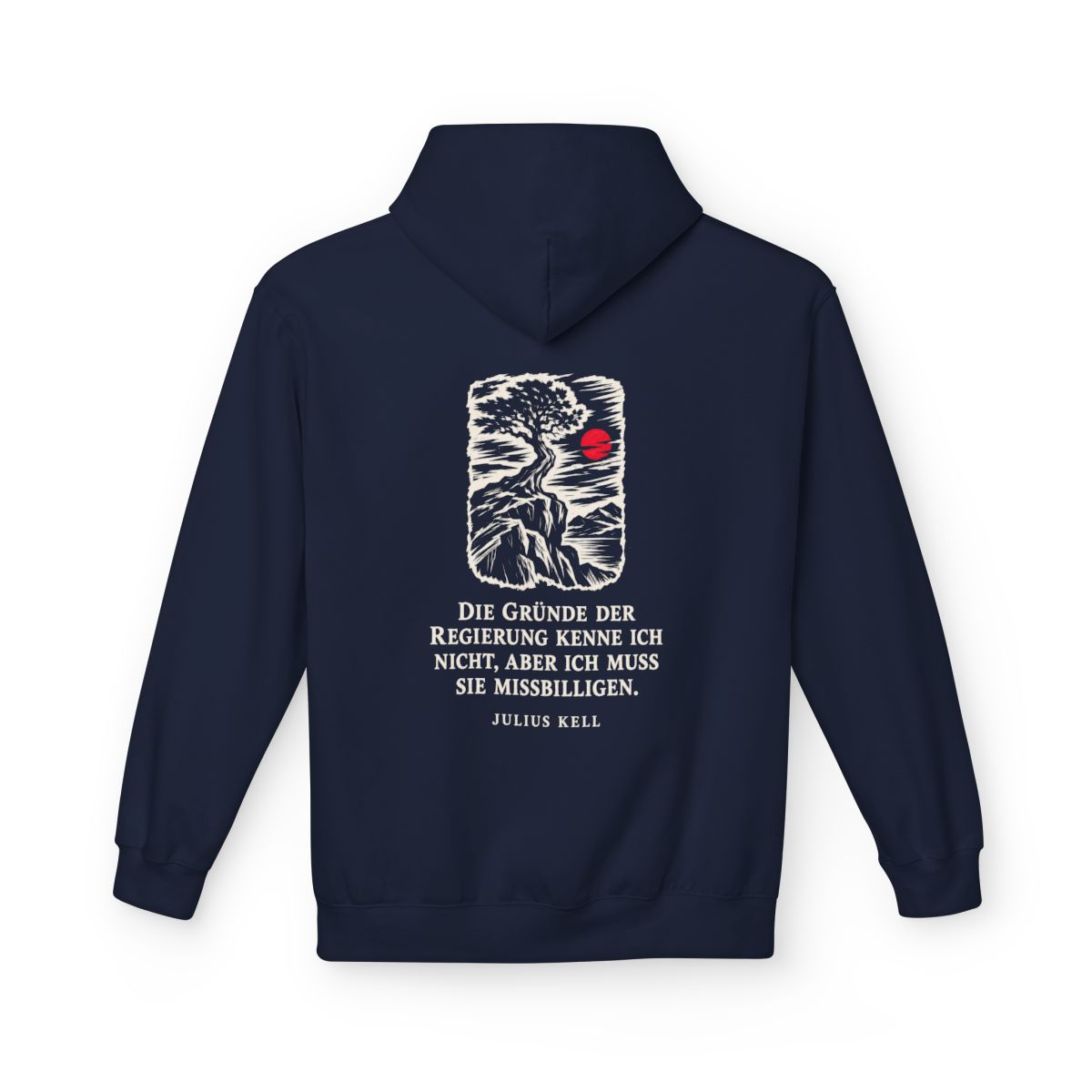 Unisex Fleece Hoodie mit Zitat - Kell - Die Gründe der Regierung kenne Holzschnitt – back