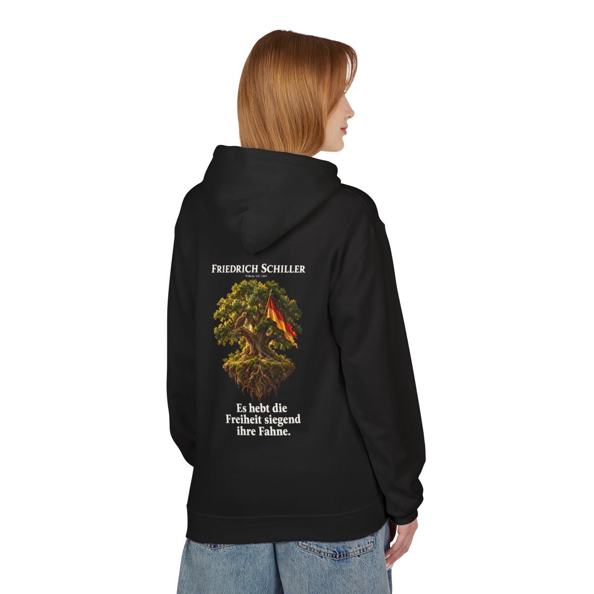 Unisex Fleece Hoodie mit Zitat - Schiller - Es hebt die Freiheit siegend ihre Fahne – person-1-back