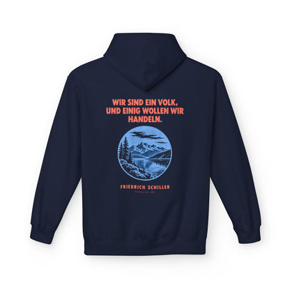 Unisex Fleece Hoodie mit Zitat - Schiller - Wir sind ein Volk Plakat – back