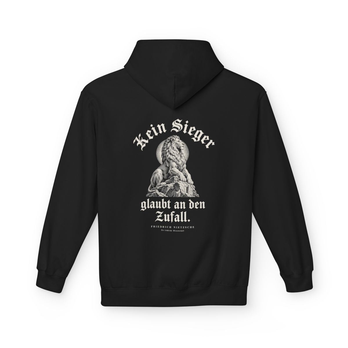 Unisex Fleece Hoodie mit Zitat - Nietzsche - Kein Sieger glaubt an den Zufall Gravur – back