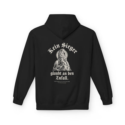 Unisex Fleece Hoodie mit Zitat - Nietzsche - Kein Sieger glaubt an den Zufall Gravur – back