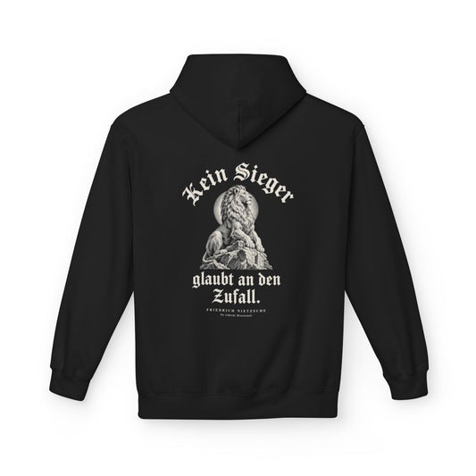Unisex Fleece Hoodie mit Zitat - Nietzsche - Kein Sieger glaubt an den Zufall Gravur – back