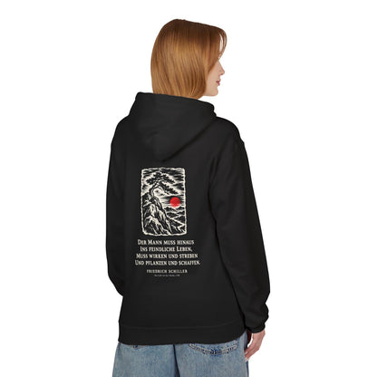 Unisex Fleece Hoodie mit Zitat - Schiller - Der Mann muss hinaus – person-1-back