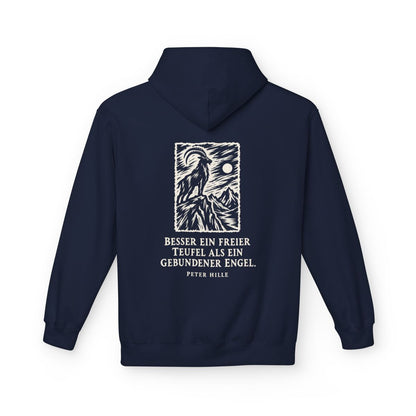 Unisex Fleece Hoodie mit Zitat - Hille - Besser ein freier Teufel Holzschnitt – back