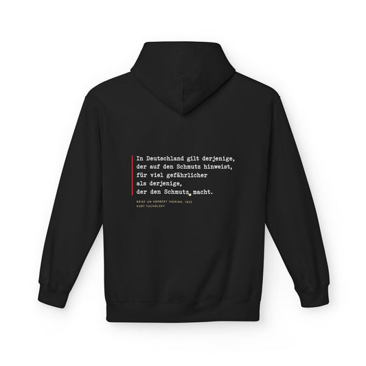 Unisex Fleece Hoodie mit Zitat - Tucholsky - Schmutz Weltbuehne – back