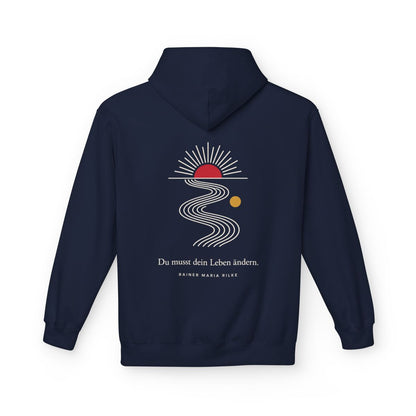 Unisex Fleece Hoodie mit Zitat - Rilke - Du musst dein Leben ändern Linien – back