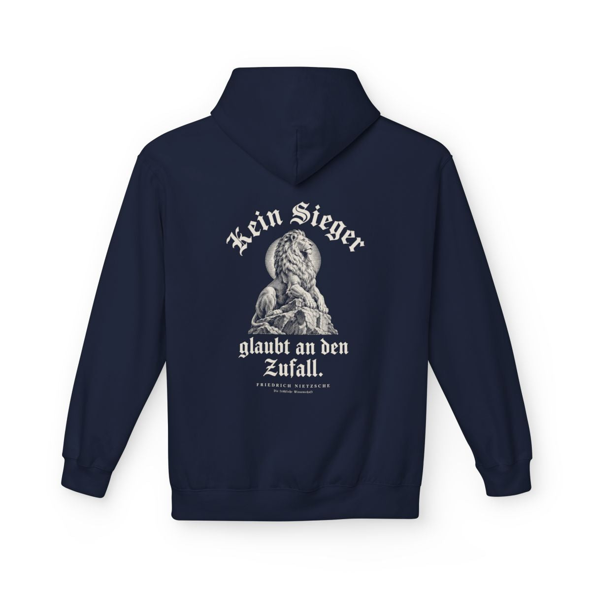 Unisex Fleece Hoodie mit Zitat - Nietzsche - Kein Sieger glaubt an den Zufall Gravur – back