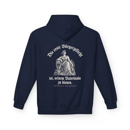 Unisex Fleece Hoodie mit Zitat - Preußen - Die erste Bürgerpflicht Gravur – back
