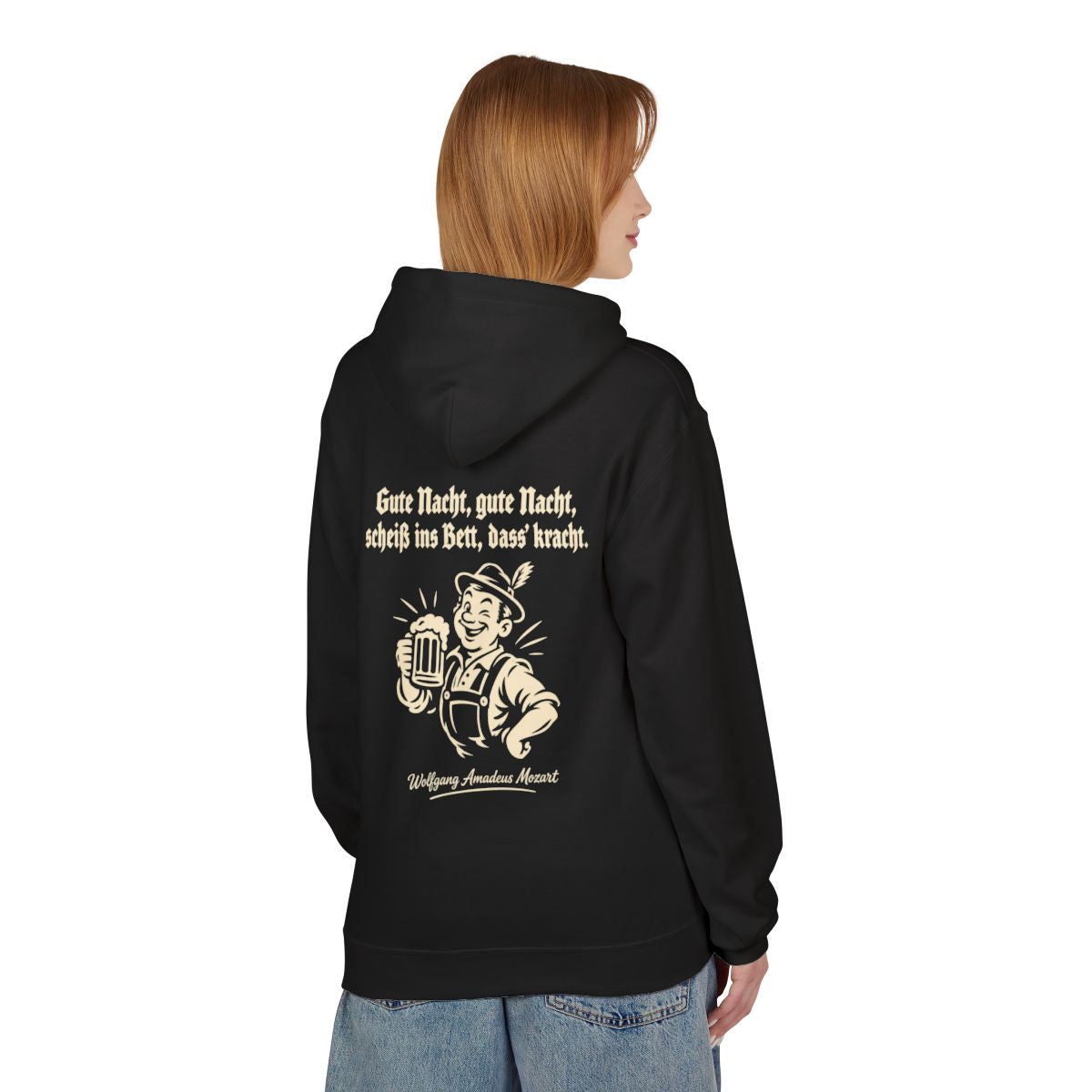 Unisex Fleece Hoodie mit Zitat - Mozart - Gute Nacht, gute Nacht – person-1-back