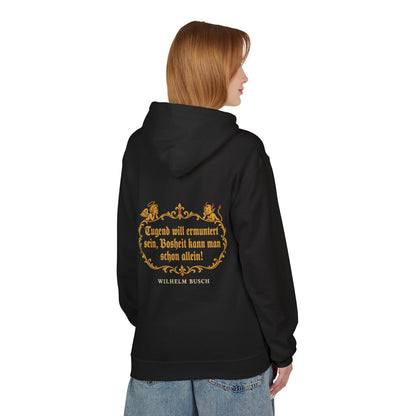 Unisex Fleece Hoodie mit Zitat - Busch - Tugend und Bosheit – person-1-back