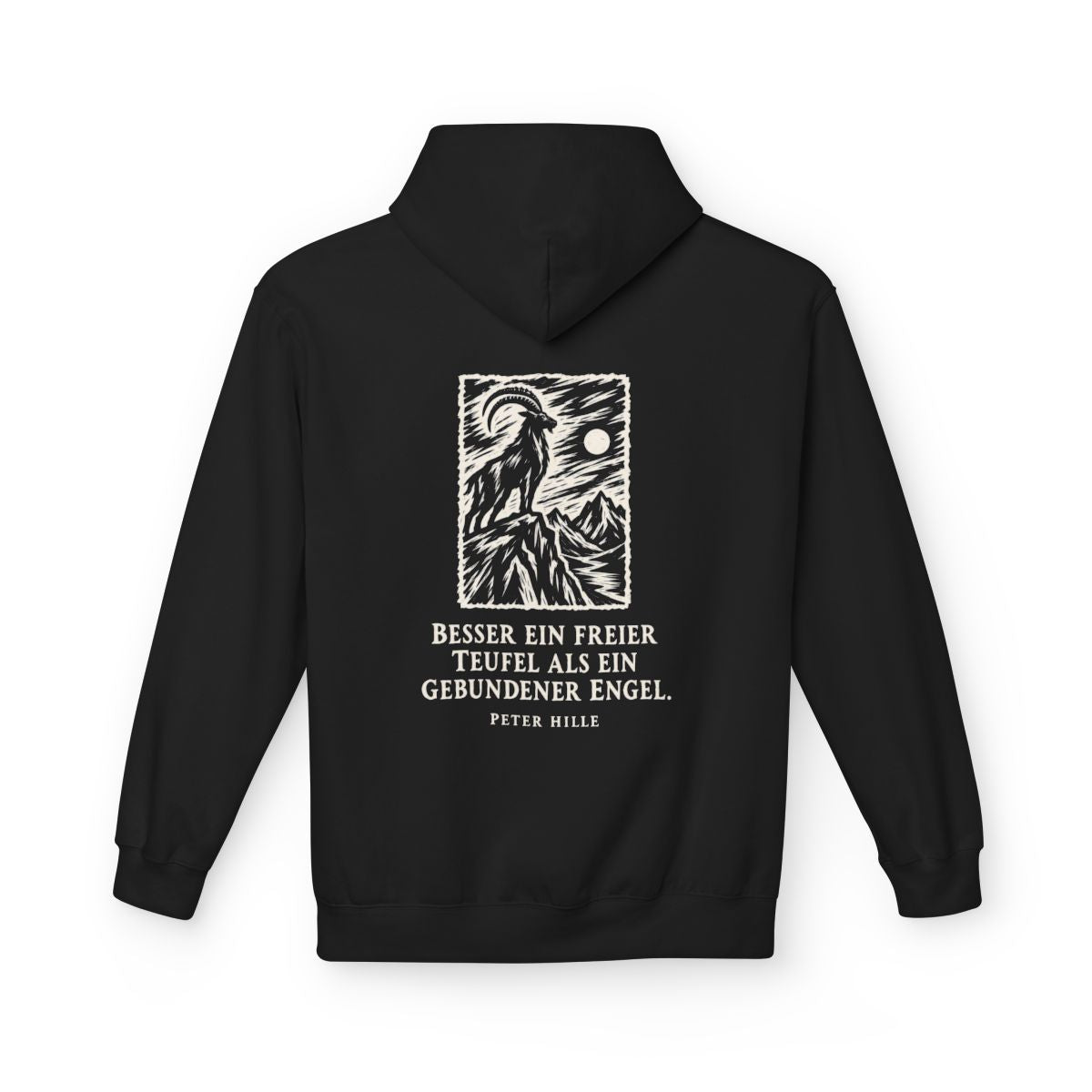 Unisex Fleece Hoodie mit Zitat - Hille - Besser ein freier Teufel Holzschnitt – back