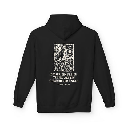 Unisex Fleece Hoodie mit Zitat - Hille - Besser ein freier Teufel Holzschnitt – back