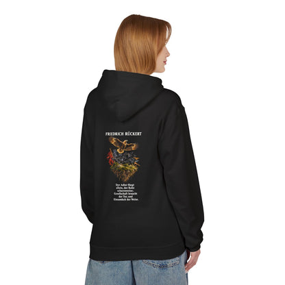 Unisex Fleece Hoodie mit Zitat - Rückert - Der Adler fliegt allein – person-1-back