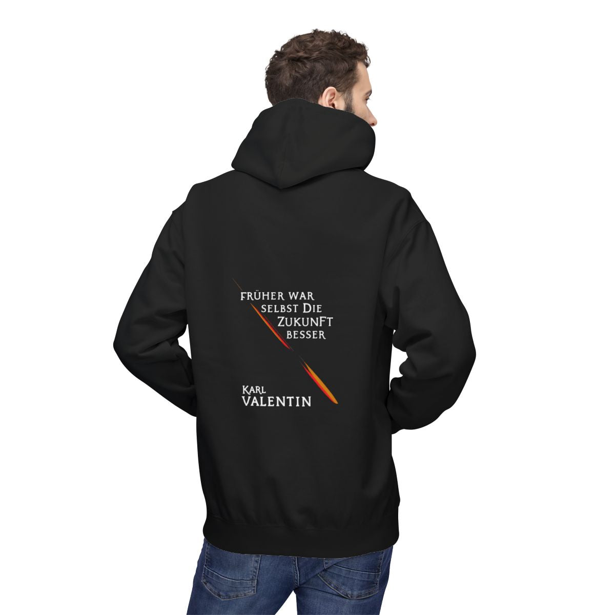 Unisex Fleece Hoodie mit Zitat - Valentin - Früher war selbst die Zukunft besser – person-2-back