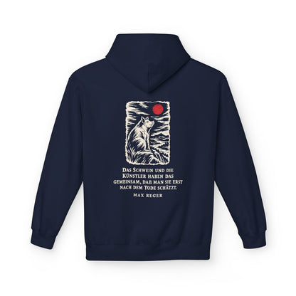 Unisex Fleece Hoodie mit Zitat - Reger - Das Schwein und die Künstler – back