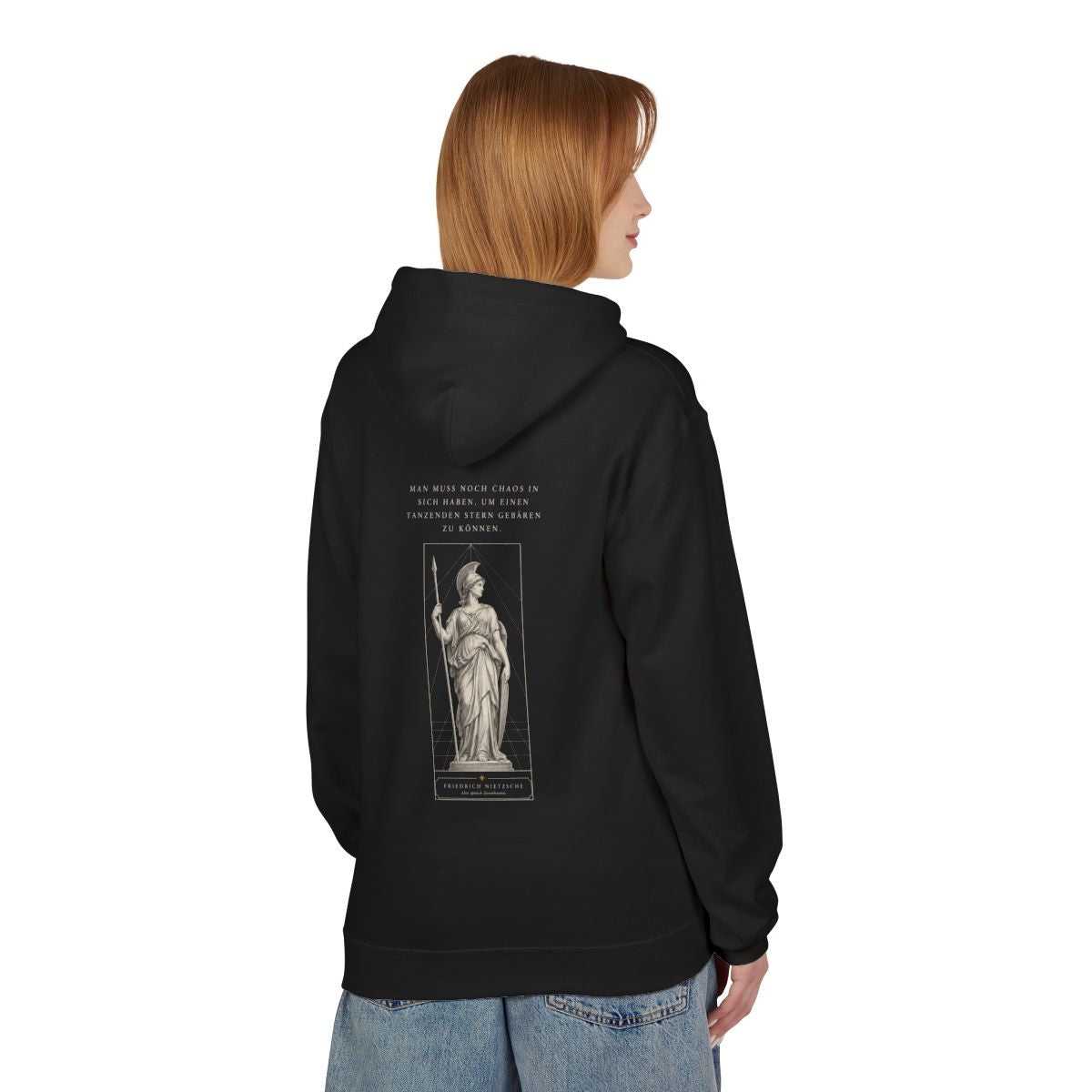 Unisex Fleece Hoodie mit Zitat - Nietzsche - Man muss noch Chaos – person-1-back