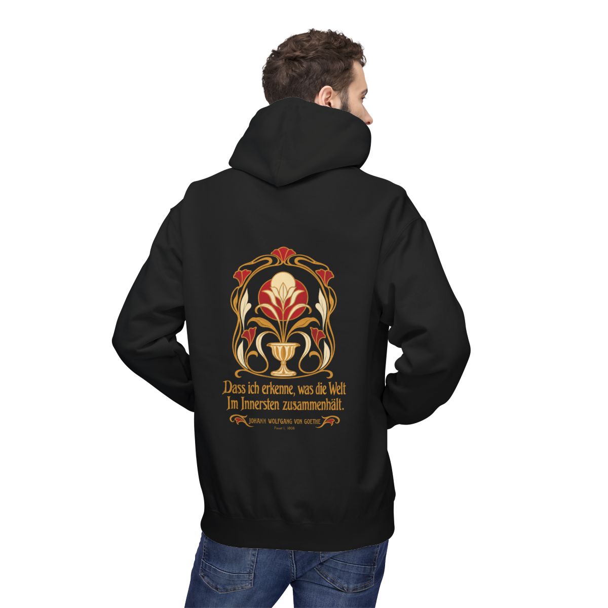 Unisex Fleece Hoodie mit Zitat - Goethe - Dass ich erkenne, was die Welt – person-2-back