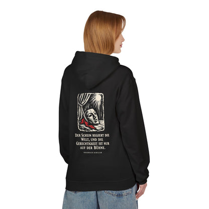 Unisex Fleece Hoodie mit Zitat - Schiller - Der Schein regiert die Welt – person-1-back