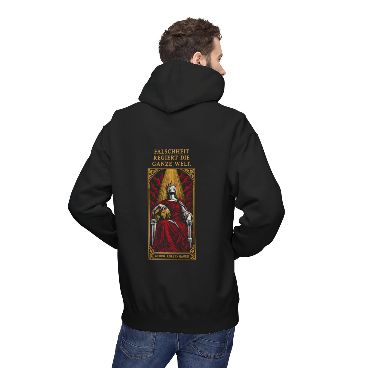 Unisex Fleece Hoodie mit Zitat - Rollenhagen - Falschheit regiert die ganze Welt – person-2-back