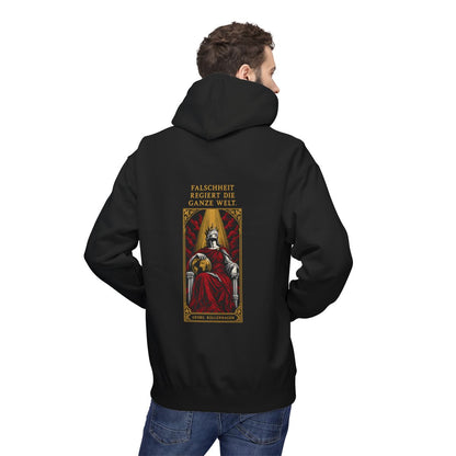 Unisex Fleece Hoodie mit Zitat - Rollenhagen - Falschheit regiert die ganze Welt – person-2-back